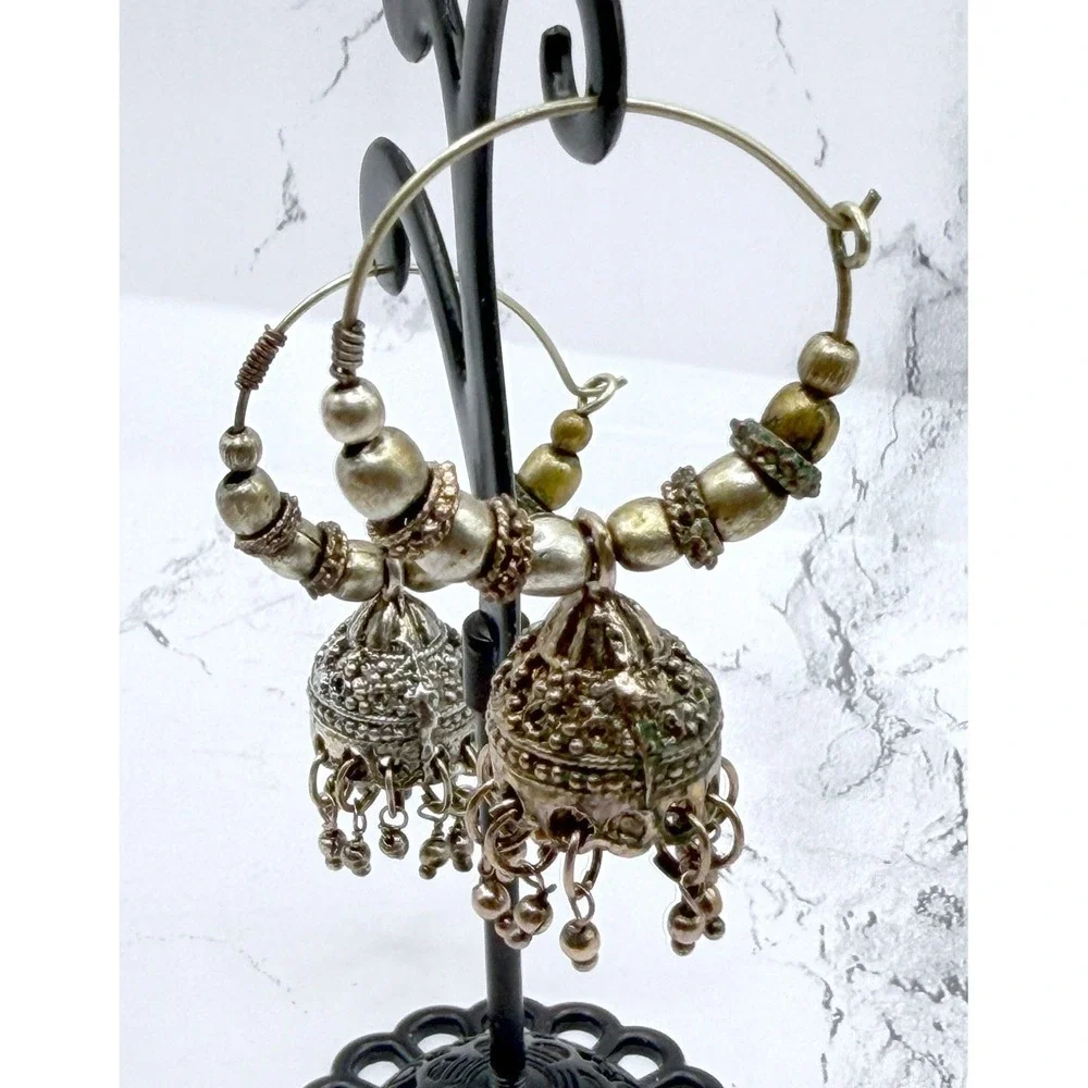 Silver Tone Filigree Dangle Bangle Bracelet Earrings Coordinating‎ Set Boho